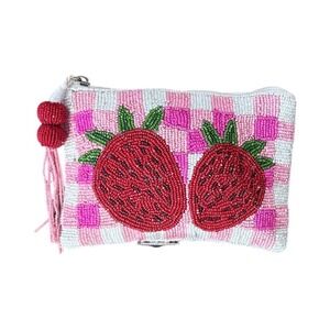 Made India Beaded Strawberry Pink Checkered Zippered Pouch Bag Size 8"x 5" New